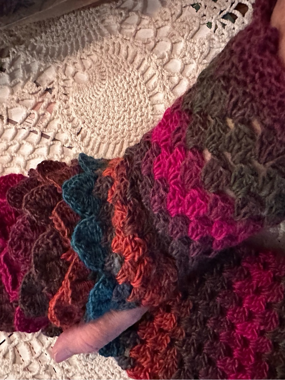 Handmade Multicolor Crocheted Scarf with Shell Stitch